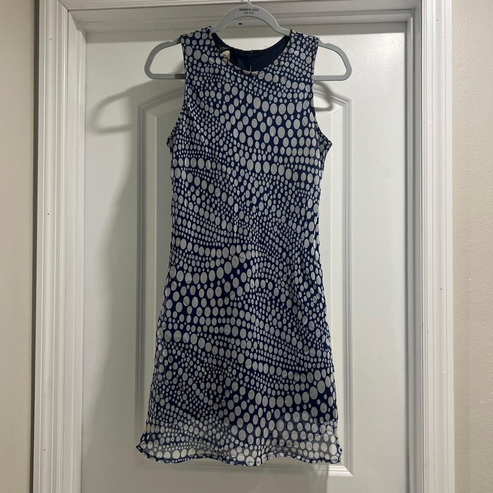 Blue and white polka dot sleeveless shift dress.